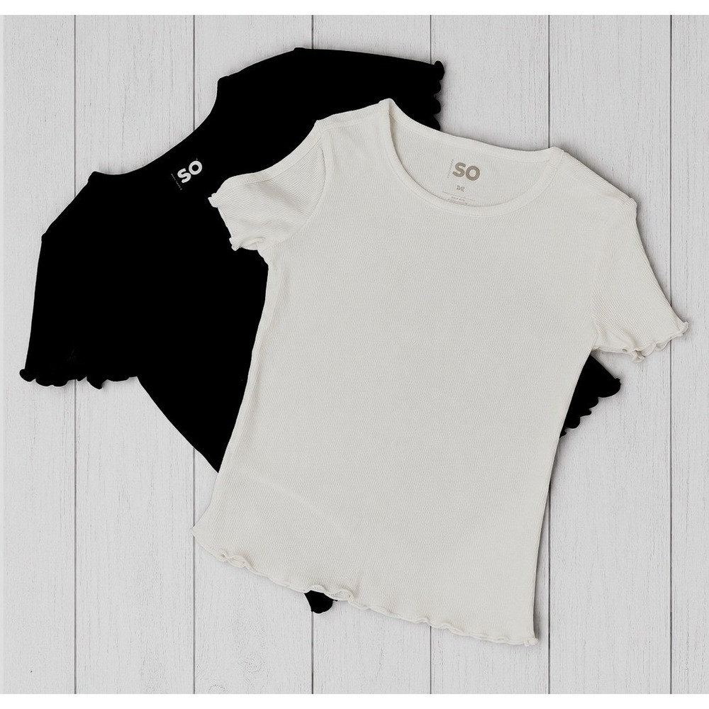 SO Women Ribbed Lettuce Edge Short Sleeve T-Shirt 2-Pack Black White XS